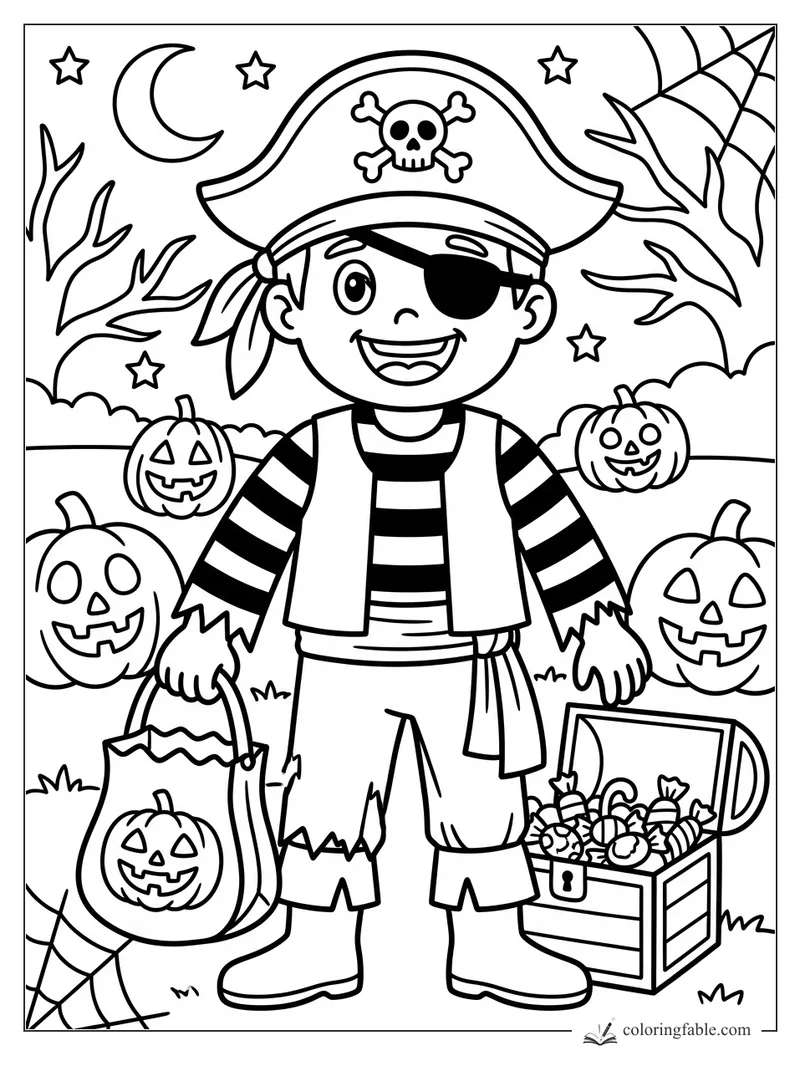 Cartoon pirate child with eye patch, candy bag, jack-o'-lanterns, bats, moon, stars, and spiderweb.