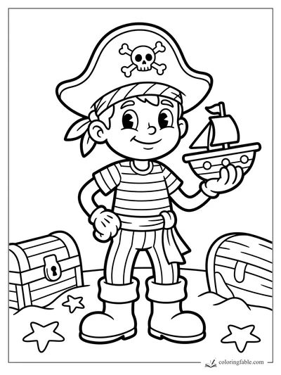 Smiling young pirate holding a toy ship between treasure chests and starfish