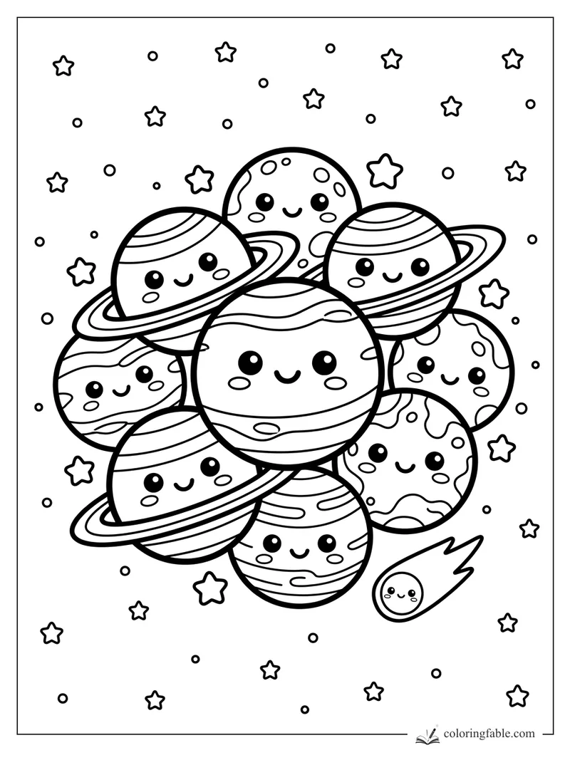Kawaii planets with rings, stars, dots, and a tiny smiling comet in space coloring page
