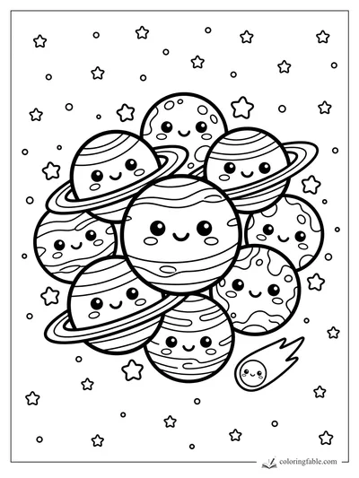 Kawaii planets with rings, stars, dots, and a tiny smiling comet in space coloring page