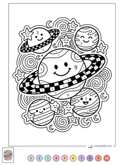 Smiling Planets with Checkered Rings — color by number