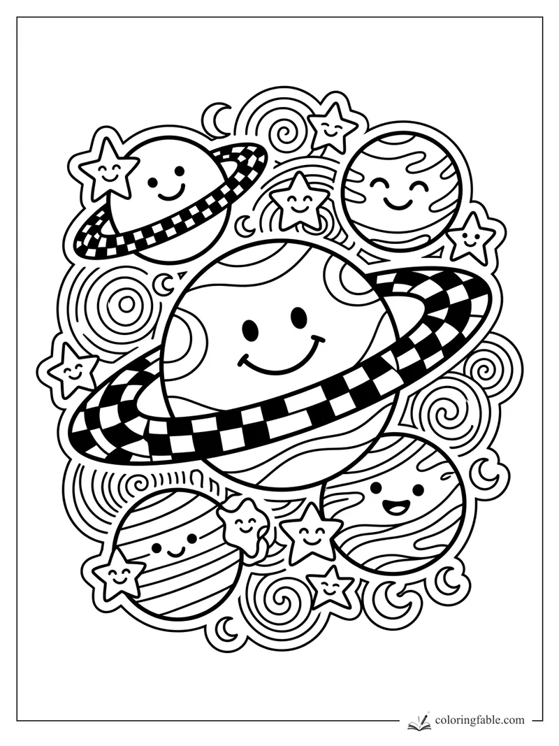 Smiling planets with checkered rings, stars, crescent moons, and spiral space doodles