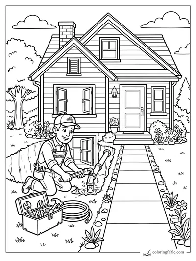 Cartoon plumber repairing an outdoor pipe beside a house with open windows, toolbox, garden, and front walk.