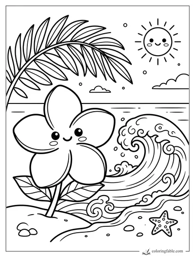 Kawaii plumeria flower smiling on a beach with palm frond, sun, curling wave, shells, and starfish