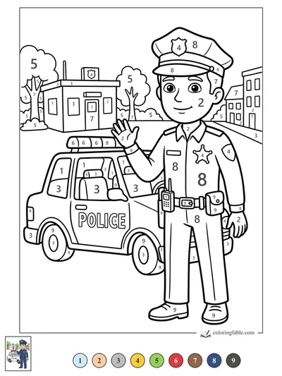 Smiling Police Officer Waving by Patrol Car — color by number