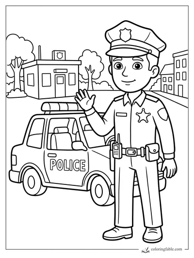 Cartoon police officer waving beside a patrol car, station, trees, and town buildings coloring page
