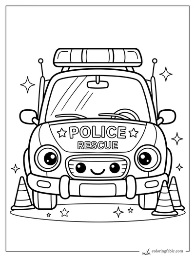 Kawaii police rescue car with light bar, stars, and traffic cones coloring page