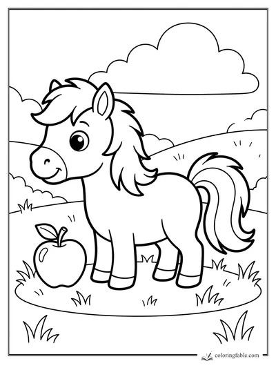Easy horse coloring page with a smiling pony, big apple, grass tufts, rolling hills, and fluffy clouds