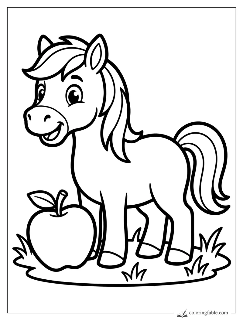 Bold easy coloring page of a smiling pony standing beside a large apple with grass tufts.
