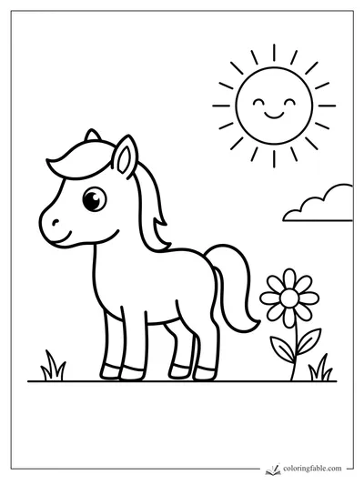 Minimalist pony coloring page with a smiling sun, cloud, daisy, and tufts of grass.