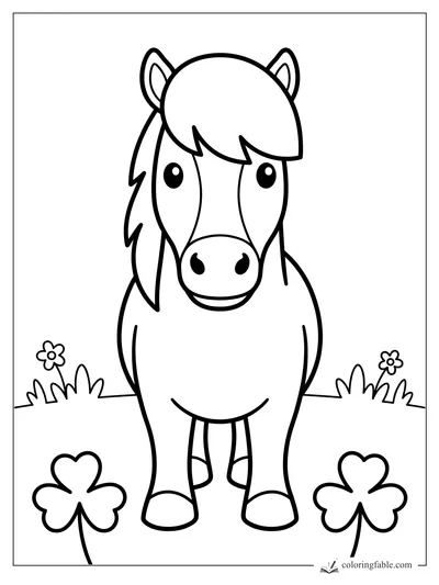 Minimalist smiling pony with big eyes, shaggy forelock, clover flowers, and meadow grass.