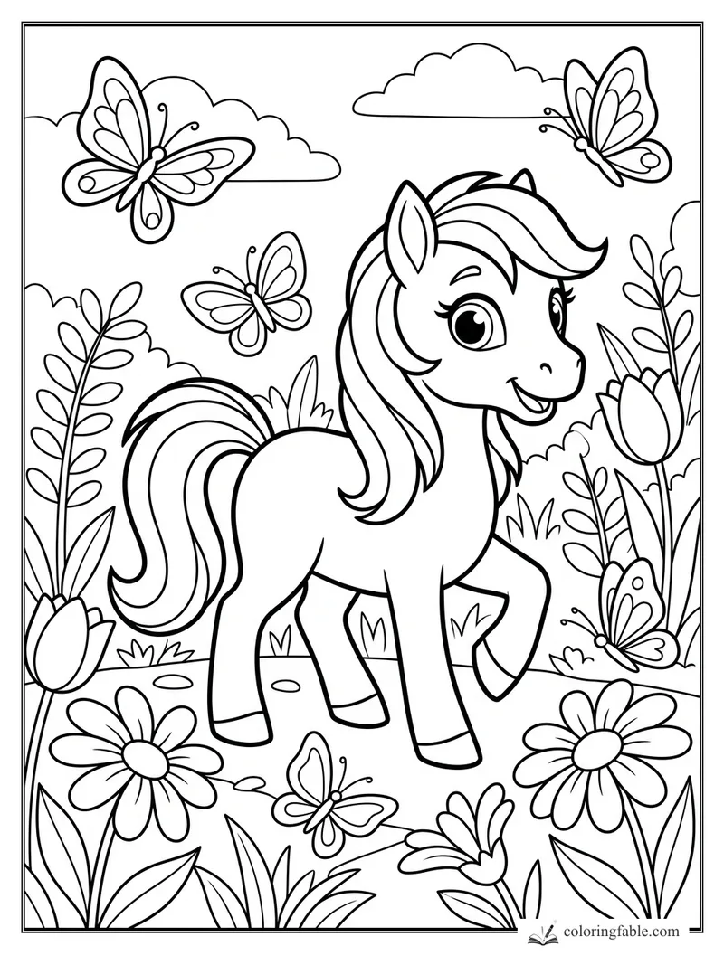 Cartoon pony smiling among butterflies, daisies, tulips, leafy plants, and clouds in a garden coloring page