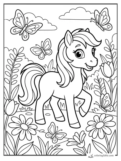 Cartoon pony smiling among butterflies, daisies, tulips, leafy plants, and clouds in a garden coloring page