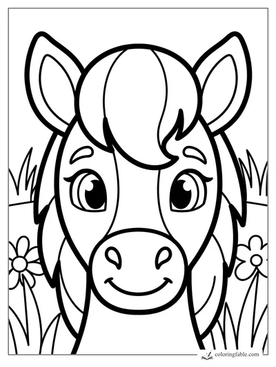 Bold easy pony coloring page with big eyes, tall ears, grass, and daisies.