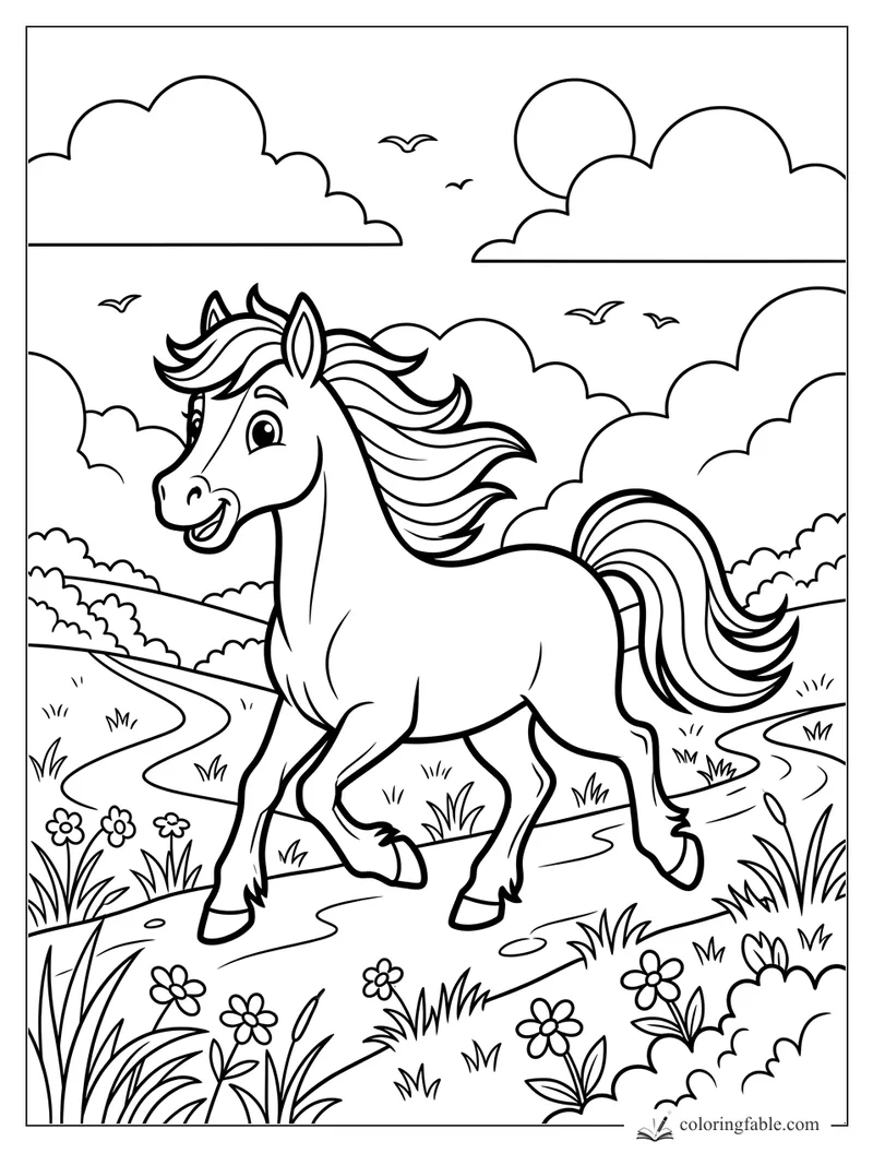 Cartoon pony trotting on a winding meadow path with flowers, clouds, sun, and birds