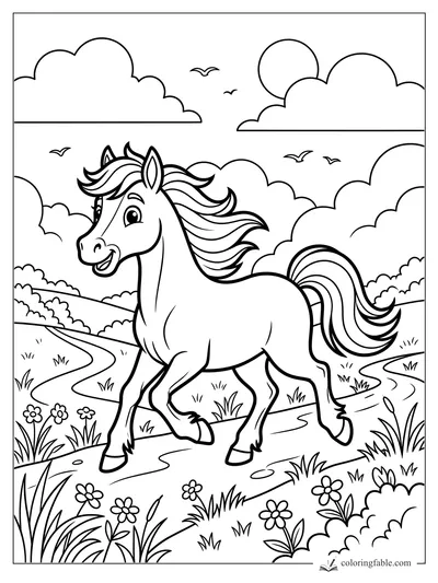 Cartoon pony trotting on a winding meadow path with flowers, clouds, sun, and birds