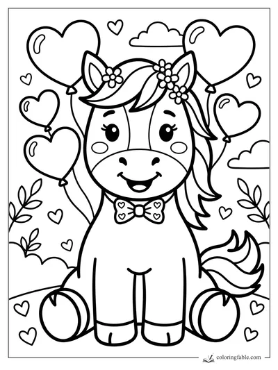Cute pony with flower mane, bow tie, heart balloons, clouds, leaves, and small hearts coloring page