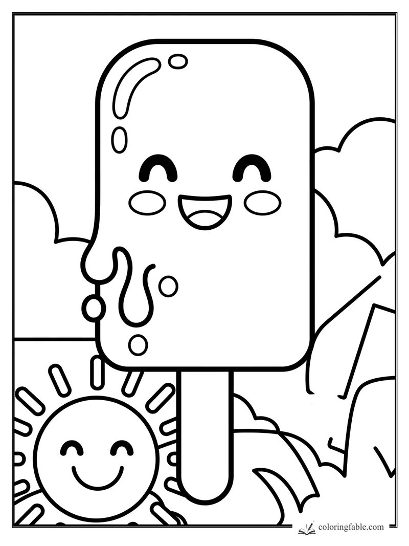 Happy popsicle coloring page with a smiling sun, umbrella, leaves, and drippy syrup spots.