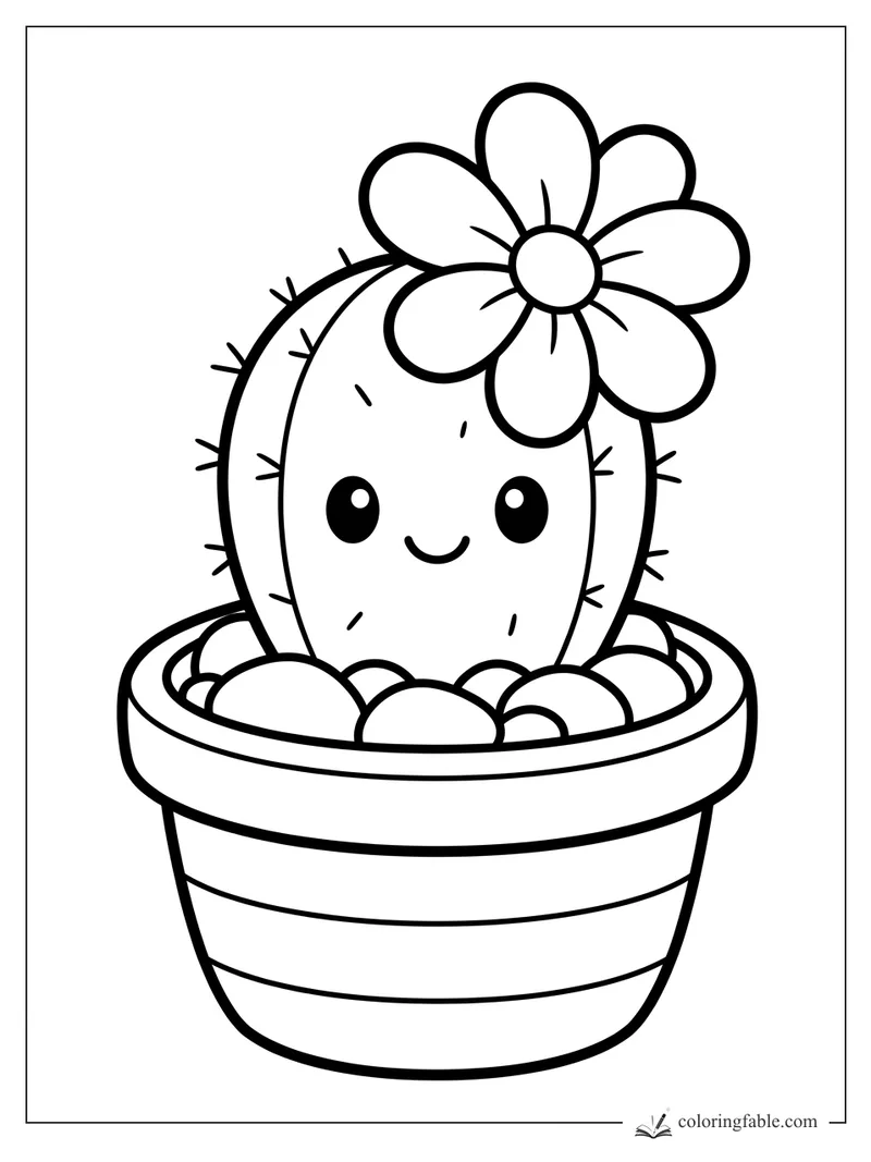 Bold easy coloring page of a smiling cactus in a striped pot with pebbles, spines, and a large flower.