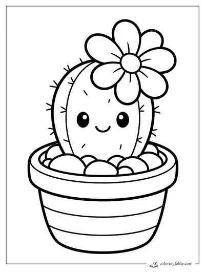 Bold easy coloring page of a smiling cactus in a striped pot with pebbles, spines, and a large flower.