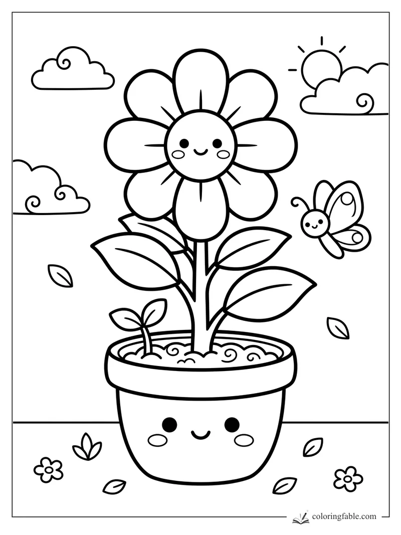 Kawaii potted flower with smiling face, butterfly, sun, clouds, leaves, and tiny ground flowers