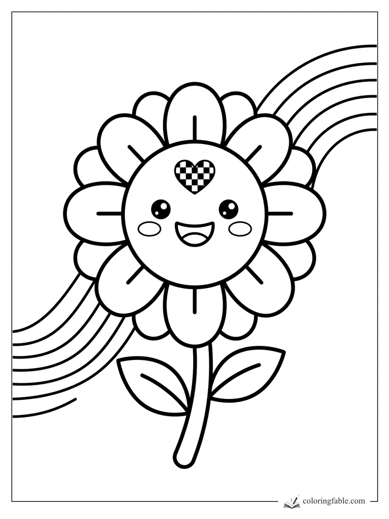Kawaii daisy with a smiling face, checkered heart, leaves, and rainbow stripes behind it