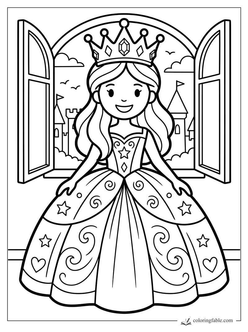 Easy coloring page of a smiling princess in a jeweled crown by an open castle window.