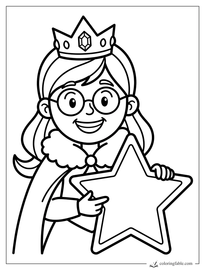Princess with glasses, a jeweled crown, cape, and a big star shape to color