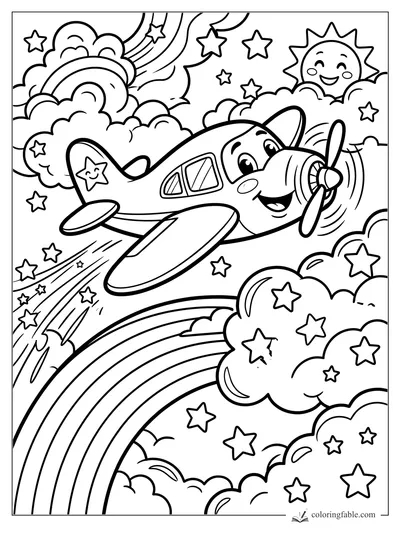 Cartoon propeller airplane smiling among clouds, stars, rainbows, and a happy sun.