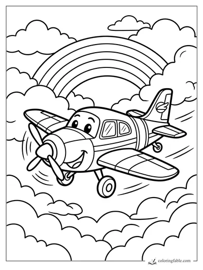 Cartoon propeller airplane smiling as it flies through clouds under a rainbow