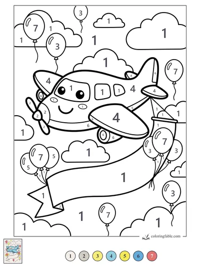 Smiling Propeller Plane with Balloons — color by number
