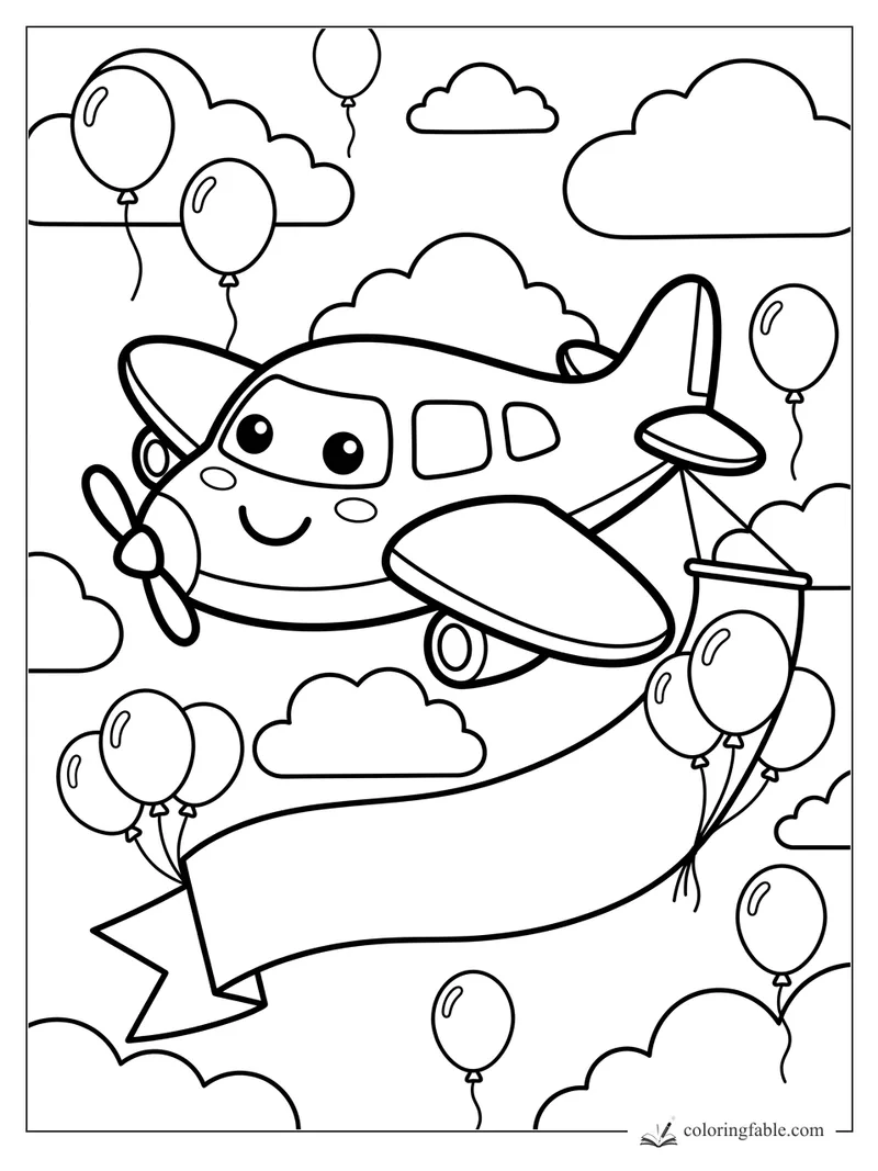Kawaii propeller airplane smiling among clouds, balloons, and a trailing banner