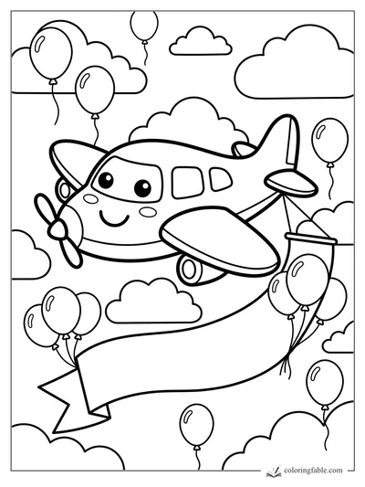 Kawaii propeller airplane smiling among clouds, balloons, and a trailing banner