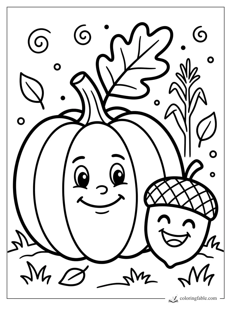 Bold Thanksgiving coloring page with a smiling pumpkin, happy acorn, oak leaf, corn stalk, and swirls
