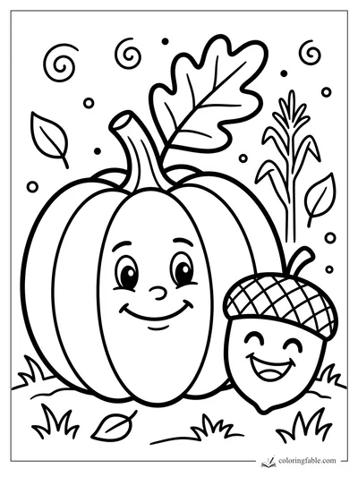 Bold Thanksgiving coloring page with a smiling pumpkin, happy acorn, oak leaf, corn stalk, and swirls