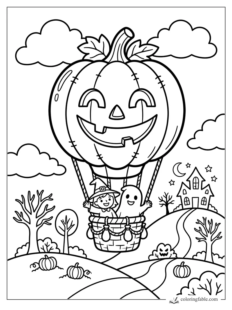 Jack-o'-lantern hot air balloon carrying a witch and ghost over pumpkins and a haunted house.