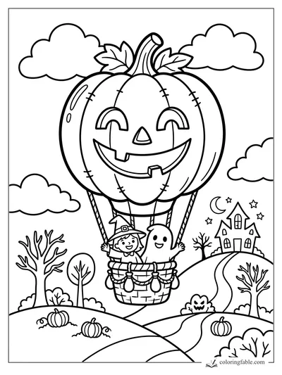 Jack-o'-lantern hot air balloon carrying a witch and ghost over pumpkins and a haunted house.