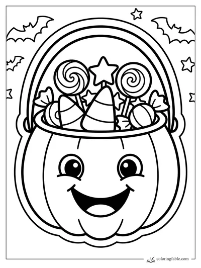 Smiling pumpkin trick-or-treat bucket filled with candy corn, lollipops, wrapped sweets, bats, and stars
