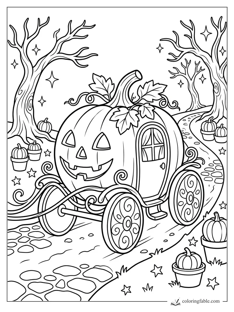 Smiling jack-o'-lantern pumpkin carriage with vine wheels, potted pumpkins, bare trees, and stars