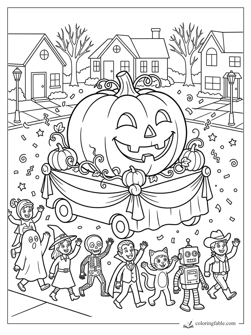 Cartoon Halloween parade with a giant smiling pumpkin float and kids in ghost, witch, skeleton, robot, and cowboy costumes.