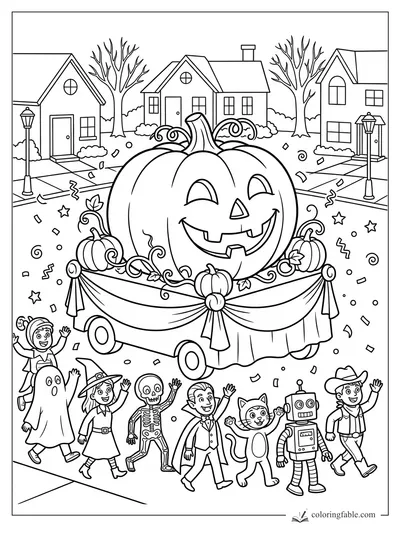 Cartoon Halloween parade with a giant smiling pumpkin float and kids in ghost, witch, skeleton, robot, and cowboy costumes.