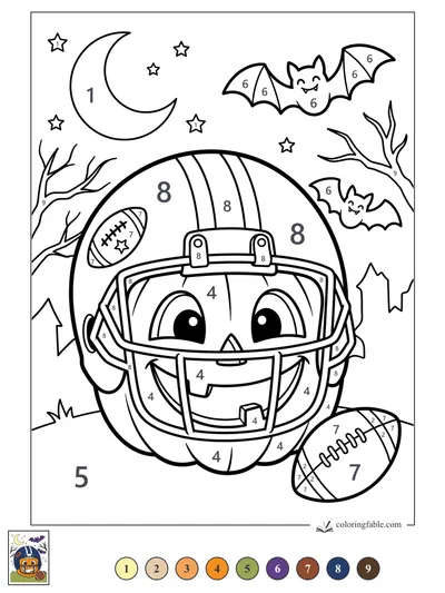 Smiling Pumpkin Football Helmet Under Bats — color by number
