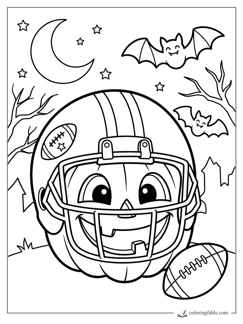 Smiling pumpkin football helmet with bats, crescent moon, stars, leaves, and footballs