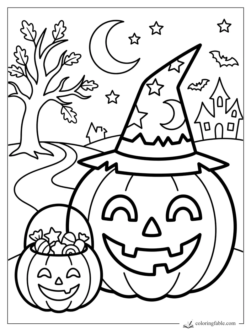 Smiling jack-o'-lantern with witch hat, candy bucket, crescent moon, bats, tree, and haunted house