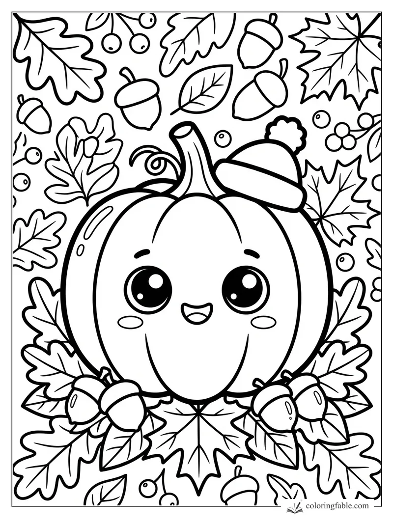 Kawaii pumpkin with a pom-pom beanie, surrounded by autumn leaves, acorns, and berries.