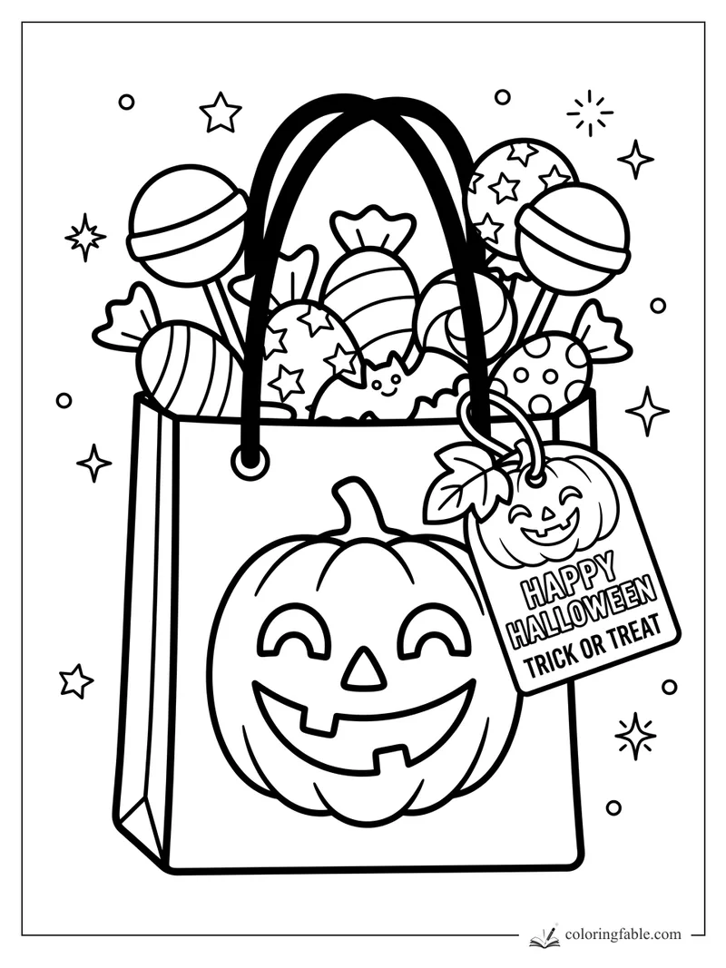 Halloween treat bag with smiling pumpkin, candy, bat, and Happy Halloween tag