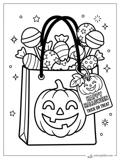 Halloween treat bag with smiling pumpkin, candy, bat, and Happy Halloween tag