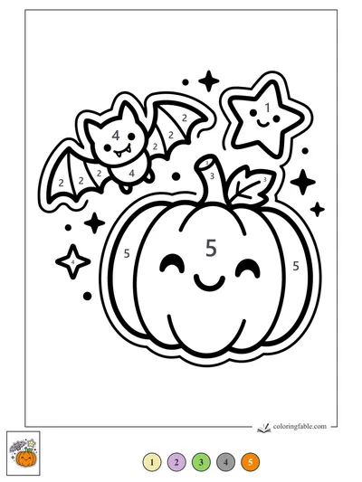 Smiling Pumpkin with Bat and Star Stickers — color by number