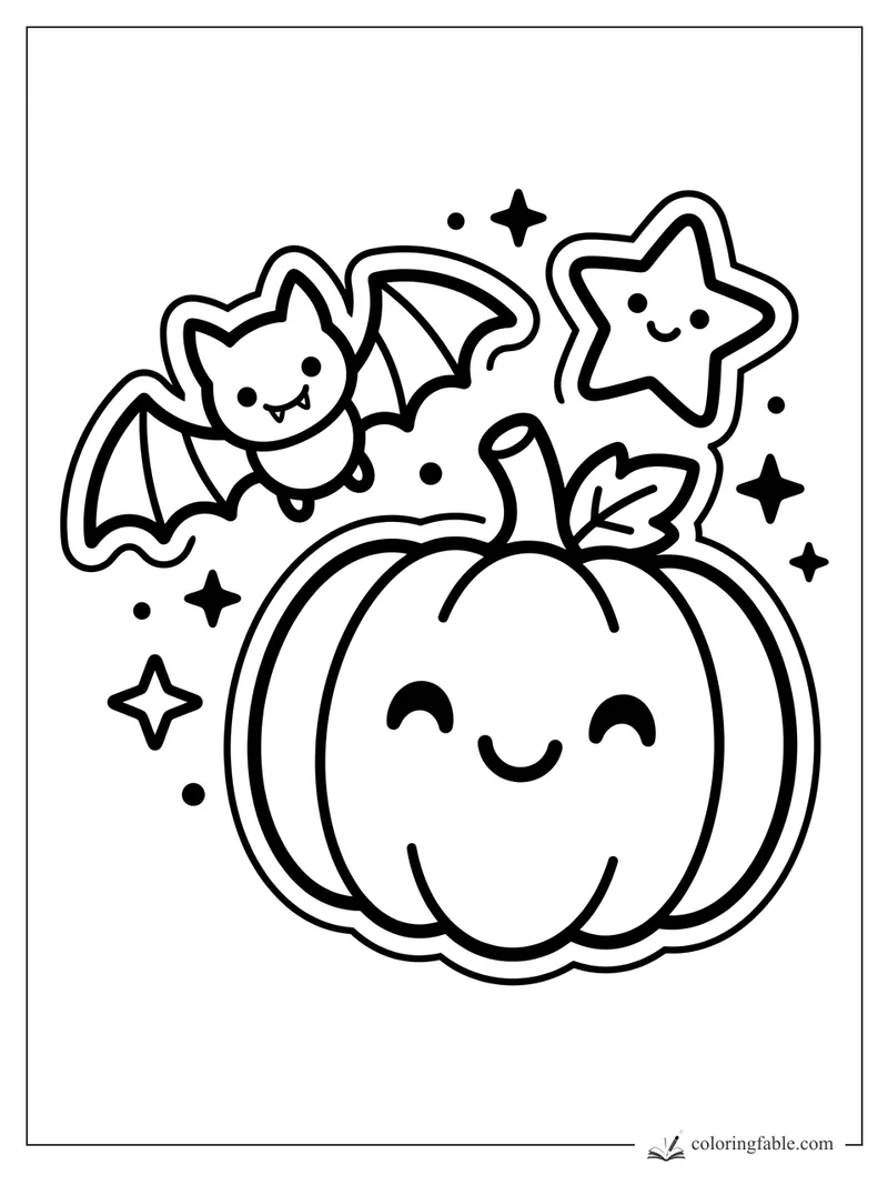 Cute pumpkin sticker with a happy bat, smiling star, leaf, stem, and small sparkle stars
