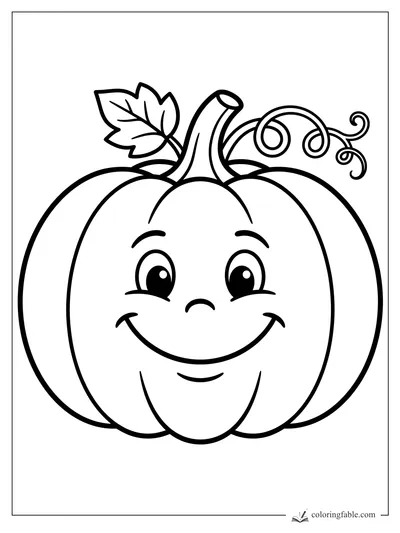 Easy Halloween pumpkin coloring page with a smiling face, leaf, stem, and curly vines.
